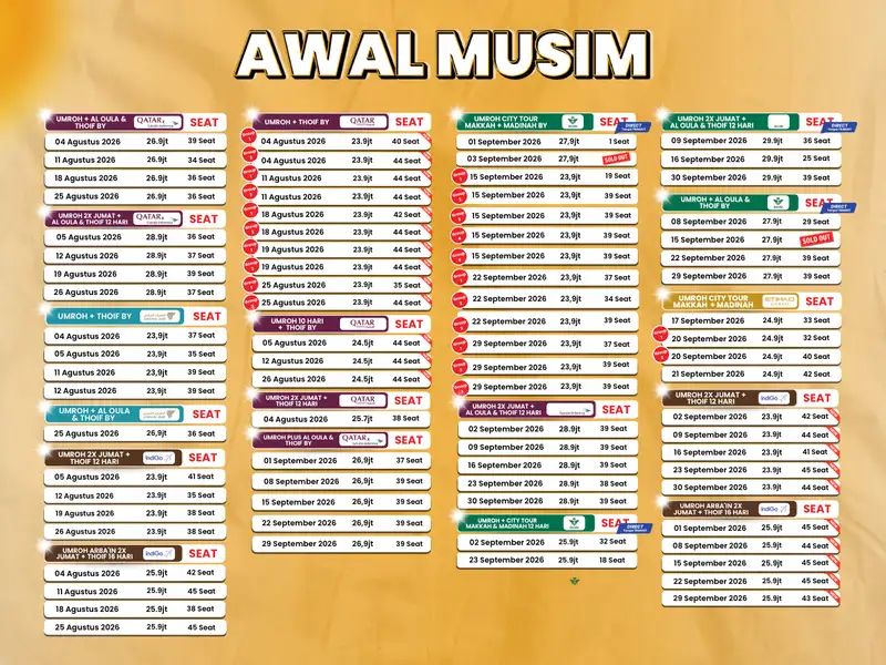 Tabel harga dan jadwal paket umroh awal musim 2026 Rahmah Travel