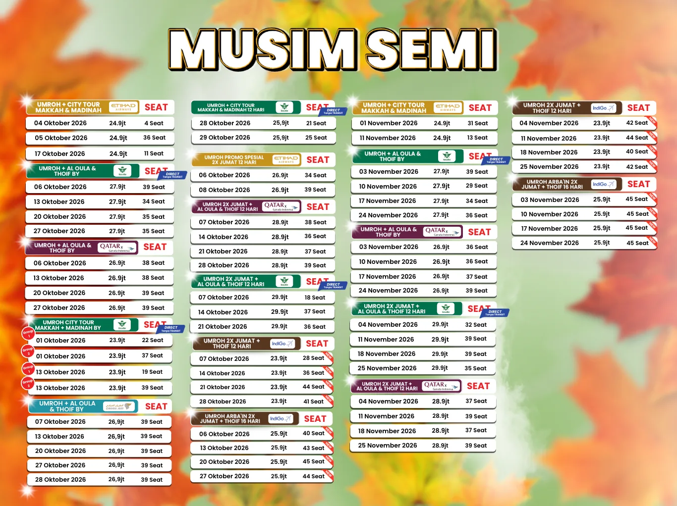 Tabel harga dan jadwal paket umroh musim transisi Oktober-November 2026 Rahmah Travel