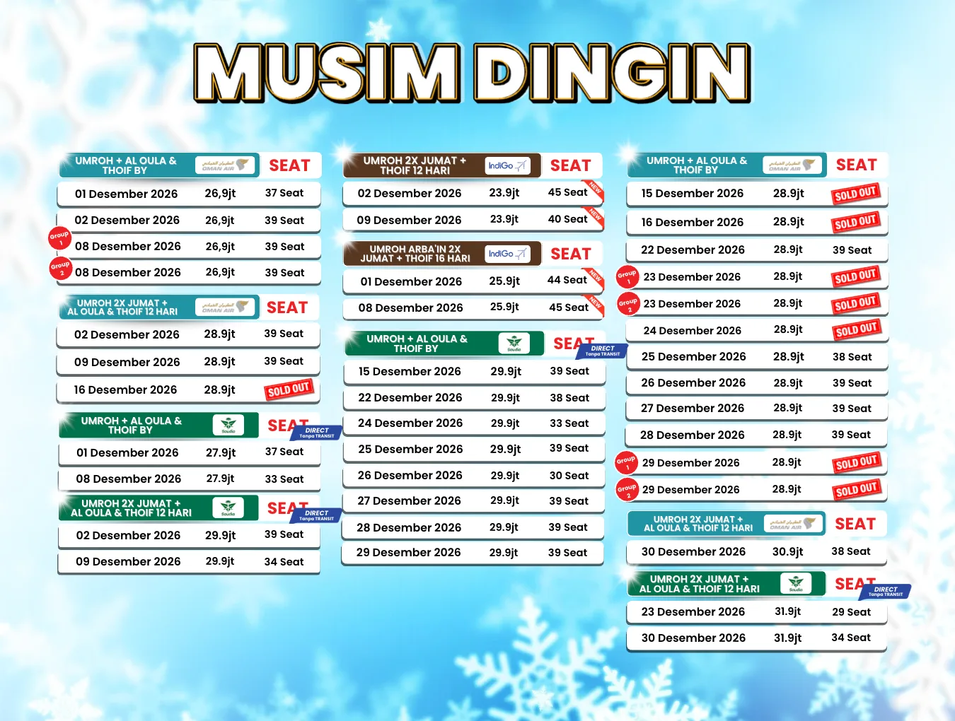 Tabel harga dan jadwal paket umroh musim dingin 2026 Rahmah Travel